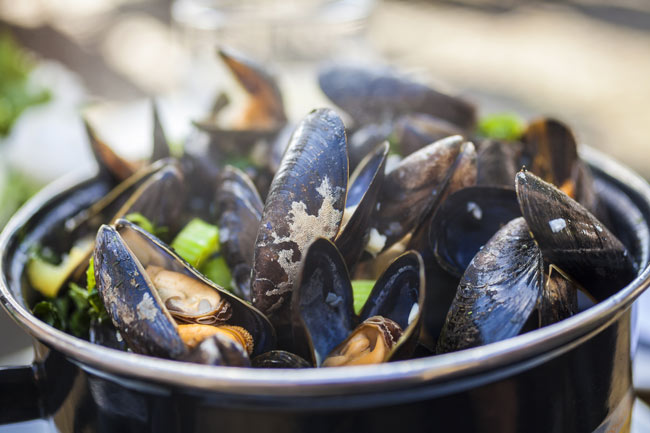 Mussels with leeks and bacon in a creamy cider sauce