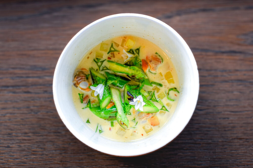 plate of seafood and asparagus